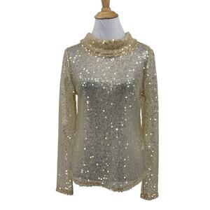 Sunday In Brooklyn Top Womens XS Champagne Sheer Sequin Turtleneck Anthropologie